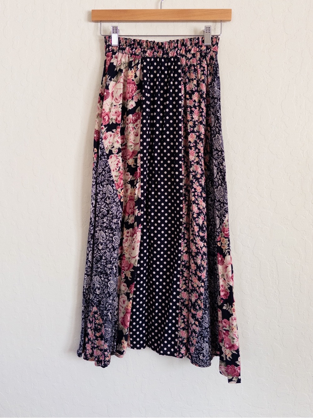 Vintage 90s West 27th Street Patchwork Floral Pull On Elastic Waist Midi Skirt S